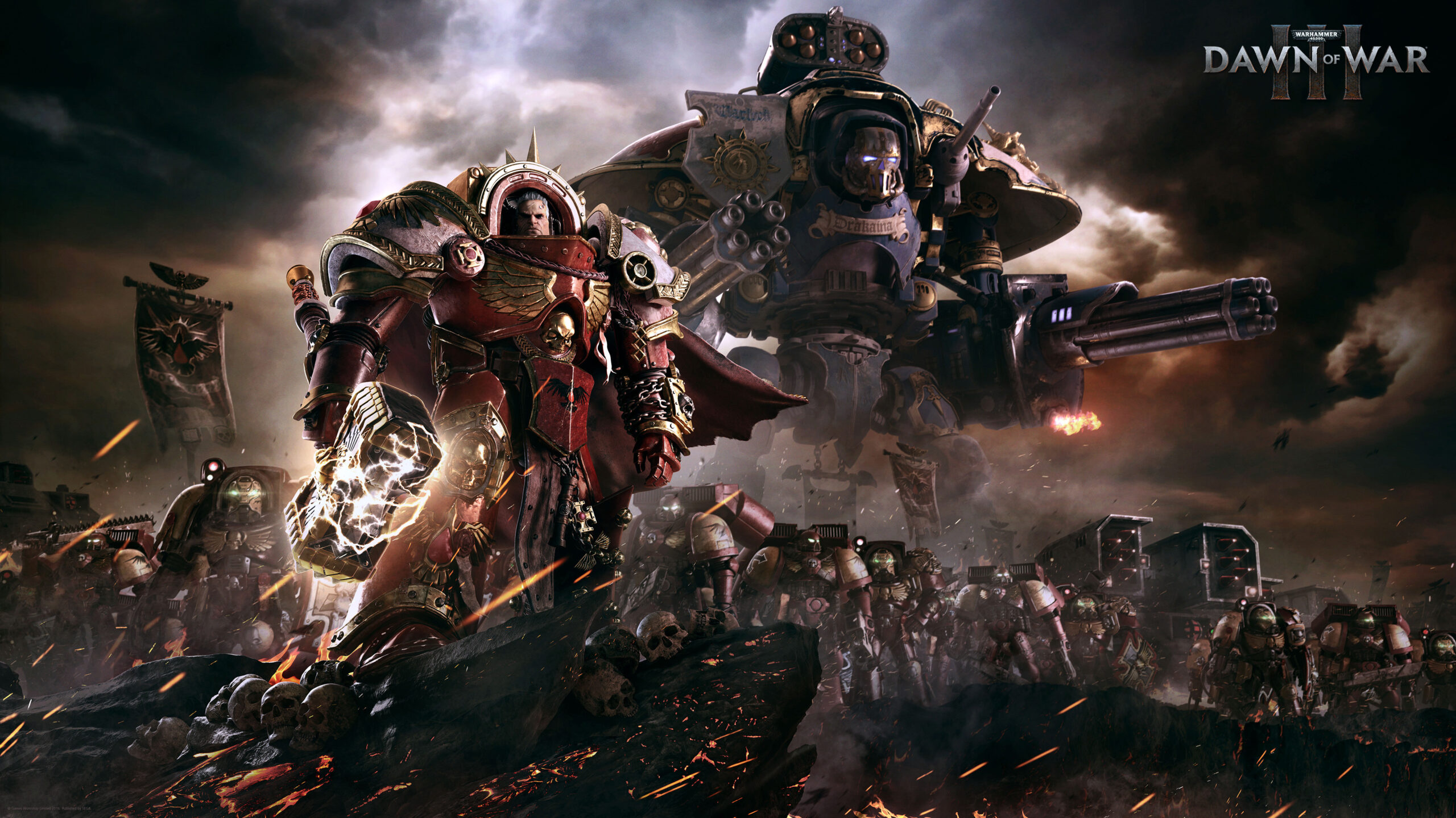 Cool space marine in front of imperial knight